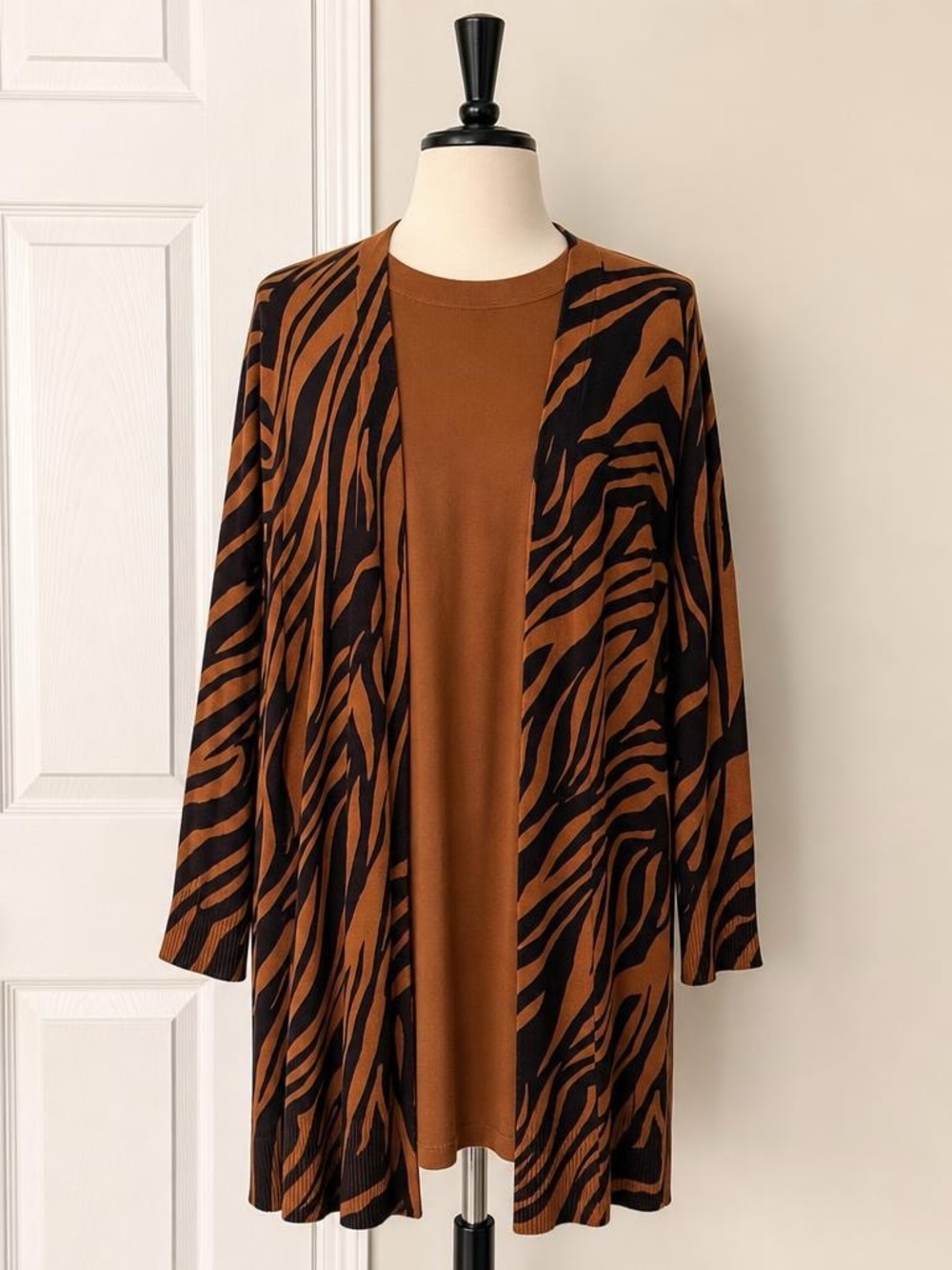Terra & Sky Brown and Black Zebra-Print Open-Front Cardigan